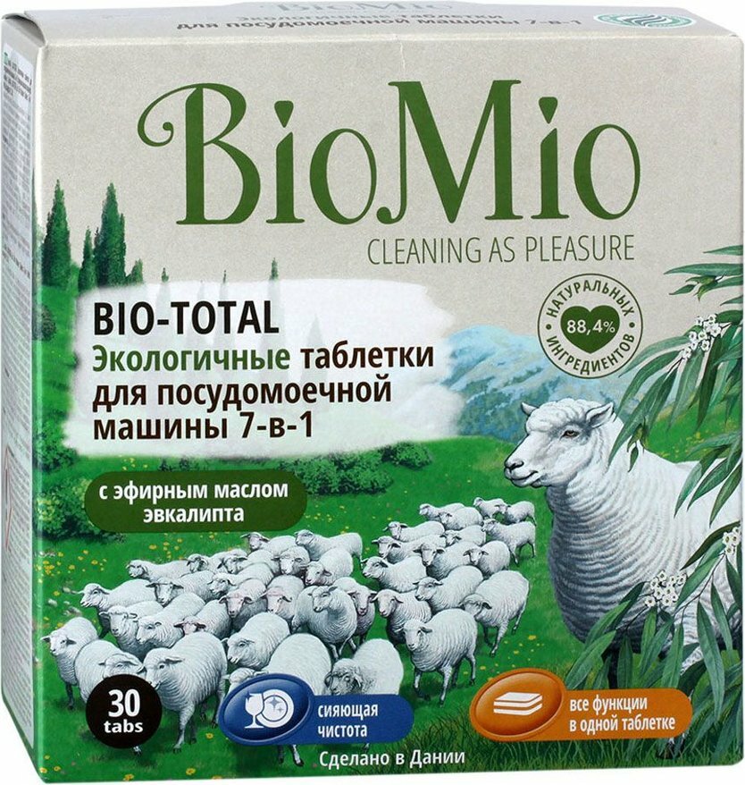 Экологичные таблетки для мытья посуды в посудомоечных машинах BioMio Bio-Total 7 в 1 с маслом эвкалипта 30 шт